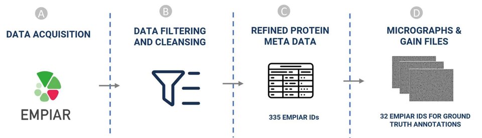 CryoPPP dataset creation: data acquisition from EMPIAR, data filtering and cleansing, refined protein metadata for 335 EMPIAR IDs, and micrographs and gain files for ground-truth annotation.